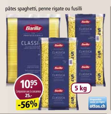 pâtes spaghetti, penne rigate ou fusilli